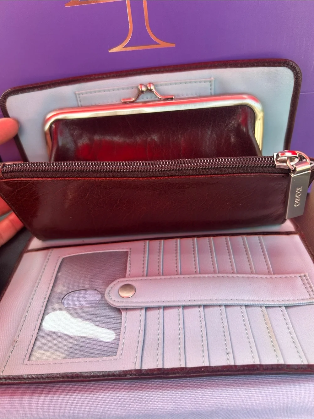 HOBO Burgundy Leather Crossbody Wallet Organizer Clutch Phone Purse
